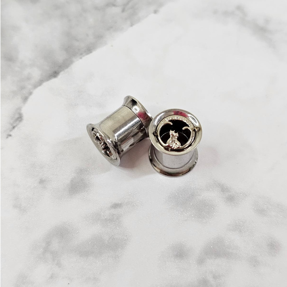 0g 8mm Ear Gauges Cat Couple Silver Metal Screwback Saddle Double Flare Tunnels